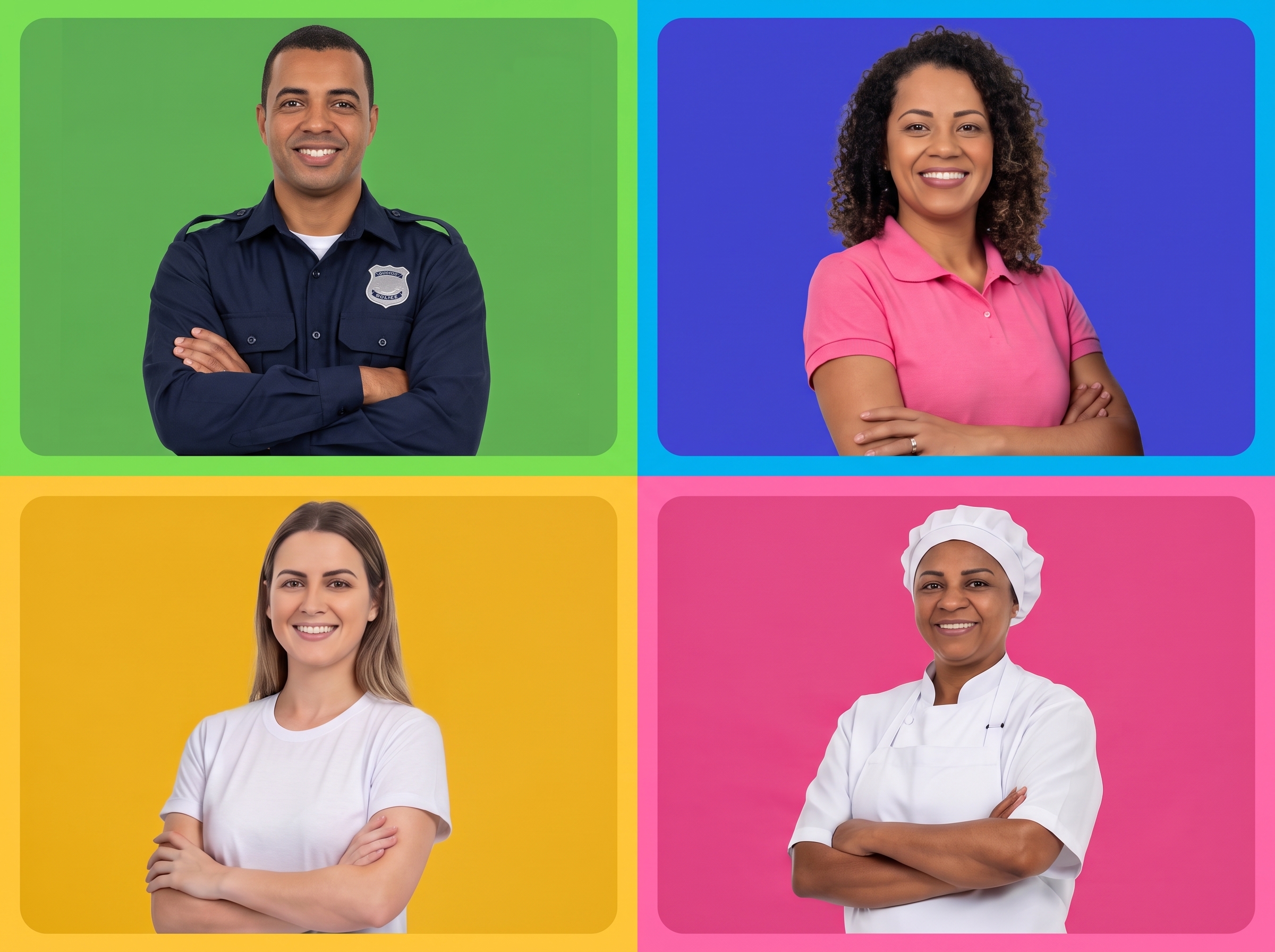 Profissionais da educação de diferentes funções — docente, técnico-administrativo e apoio operacional — reunidos e sorrindo no hall de uma escola